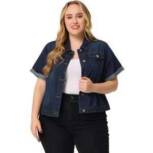 Women's Plus Size Denim Button Front Crop Short Sleeve Trucker Jean Jackets - Agnes Orinda - 1 of 4