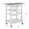 Wooakway 33.5"H Indoor Kitchen Island Trolley Serving Cart with Stainless Steel Marble Top Underneath Drawer Basket Wine Rack Lockable Casters - 4 of 4