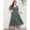 Women Plus Size Maxi Dress V Neck Summer Dress Short Sleeve Long Dress High Waist Ruffle Casual Dress with Belt, Dark Green White Leaves, 4XL - 2 of 4