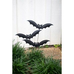 Painted Bats Plant Stakes Set, Handpainted Distressed Metal Halloween Garden Decor by Kalalou (Set of 3) - 1 of 4