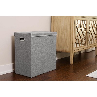 Double Gray Polyester Linen Collapsible Laundry Hamper with Lid