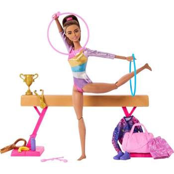 Barbie Gymnastics Playset with Blonde Fashion Doll, Balance Beam, 10+ Accessories & Flip Feature with Brown Hair