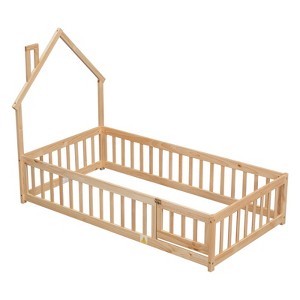 Fontoi Beds, Twin Size Floor Bed with Headboard, Wood Bed with Guardrails and Door for Girls and Boys, Brown, 44.8"*57.2"*78.2" - 1 of 4