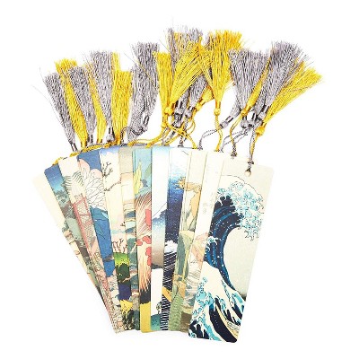 24-Count Bookmarks, Katsushika Hokusai Art Cardstock Page Markers with Tassel, 7"x2"