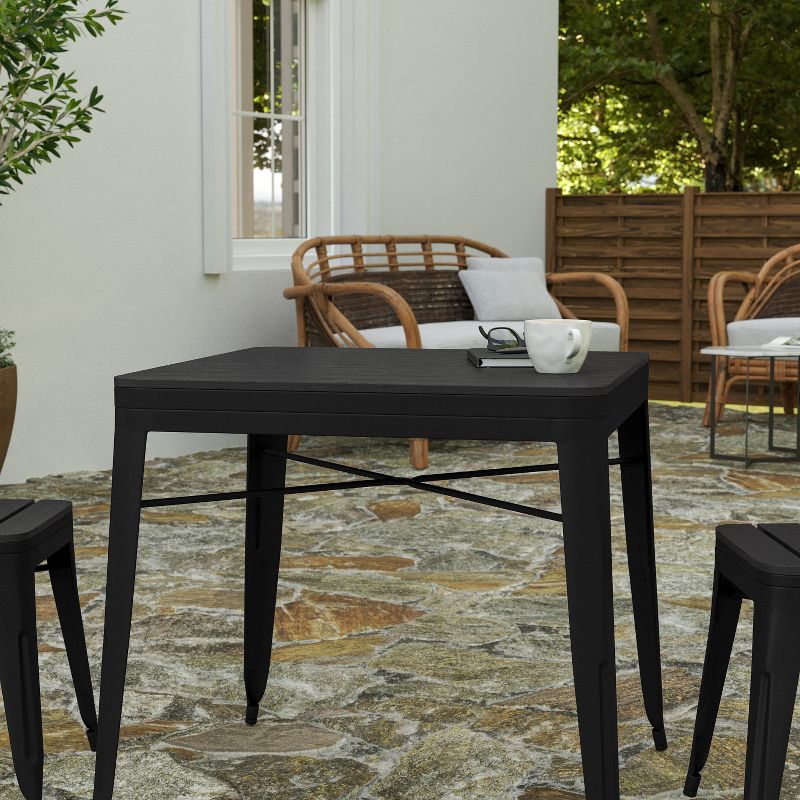 Merrick Lane 31.5" Square Indoor/Outdoor Black Steel Patio Dining Table for 4 with Black Poly Resin Slatted Top, 4 of 8
