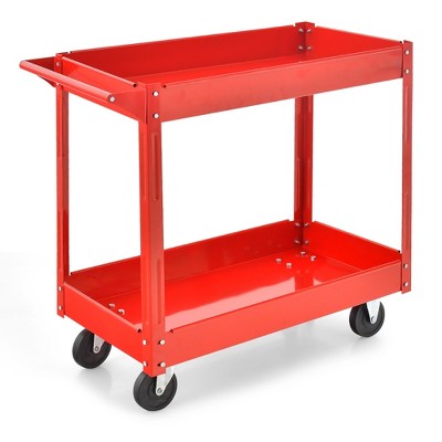 Red Metal 2-Tier Utility Cart with Wheels and Handle