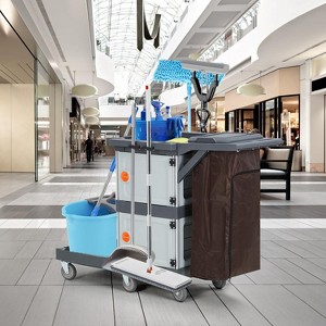 Acekool Commercial 3-Shelf Janitorial Cart with Cabinets, Oxford Bag & Wheels, Cleaning Service Cart for School, Hotel, Apartment - 1 of 4