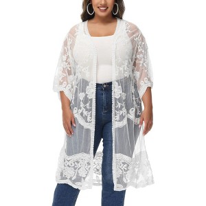 Anna-Kaci Women's Plus Size Lace Cardigan Short Sleeve Open Front Floral Crochet Long Duster - 1 of 4