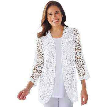 Woman Within Women's Plus Size Curved Hem Pointelle Cardigan