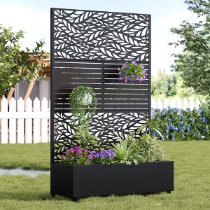 Wooakway 72"H Two-tone Patio Planter Box with Trellis Metal Raised Garden Bed Black Decorative Privacy Screen with Wheels - 1 of 4