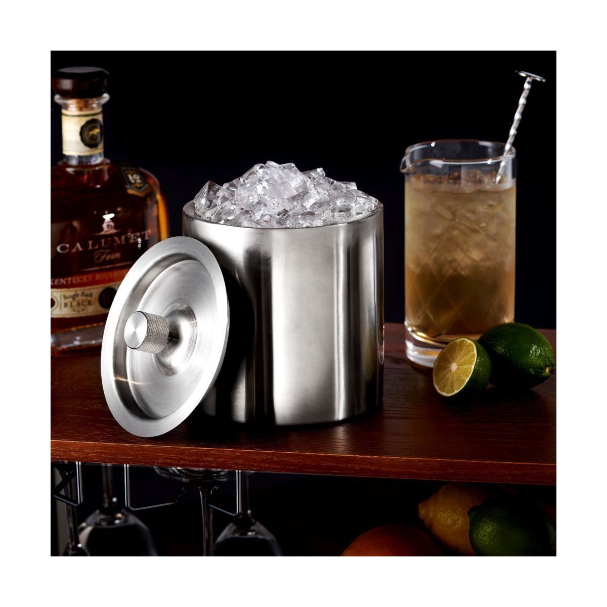 Viski Harrison Double Walled Insulated Stainless Steel Ice Bucket with Lid for Wine and Champagne, Home Bar Gifts for Men and Women, 2L, Silver - thumbnail 4