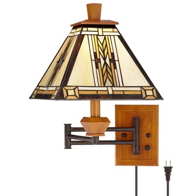 Robert Louis Tiffany Mission Swing Arm Wall Lamp Walnut Wood Plug-In Light Fixture Stained Glass for Bedroom Bedside Living Room