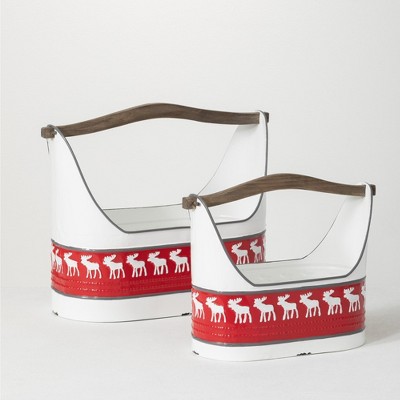 Sullivans Reindeer Metal Trugs with Wood Handles Set of 2, 17"L & 13.5"L Red