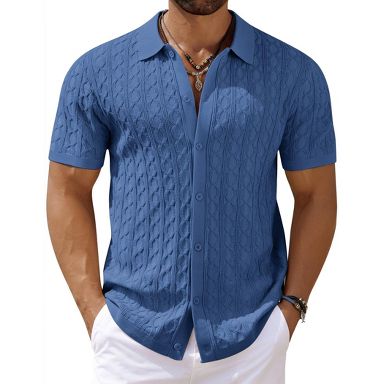 COOFANDY Men' s Knit Shirts Button Up Short Sleeve Open Knitted