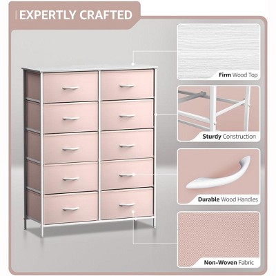 Blush Pink 10-Drawer Fabric Dresser with Faux Wood Top