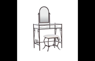 Clarisse 37.8" Traditional Beige and Brown Metal & Glass Vanity Set with Stool