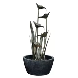 35.5" Metal Plant Water Fountain with 5 Leaves Gray - Hi-Line Gift