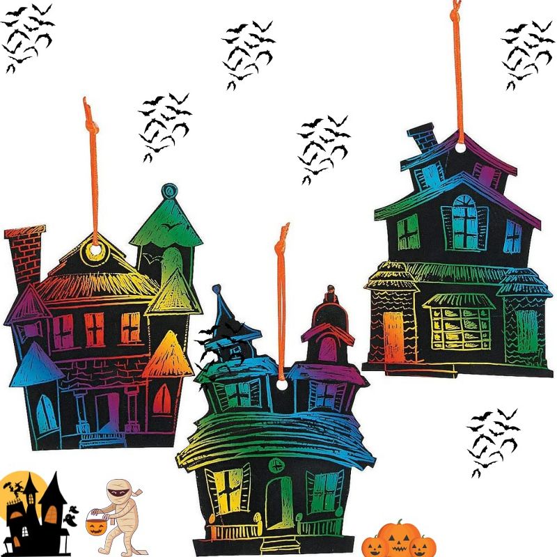 Neliblu Halloween Magic Scratch Crafts for Kids & Adults, 24 Haunted House Ornaments, 24 Sticks & 24 Ribbons, 1 of 7