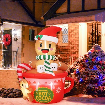6 Ft Prelit Gingerbread Man Blow Up, Lighted Christmas Inflatables Hot Cocoa Mug Decoration with Built-In Led Lights, Xmas Decor for Yard