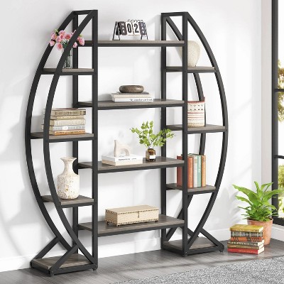Hommoo Industrial Bookshelf, Oval Triple Wide Bookcases Display Shelves