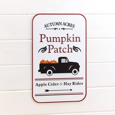 Lakeside Autumn Acres Metal Wall Hanging Harvest Pumpkin Patch Sign with Hay Ride Truck