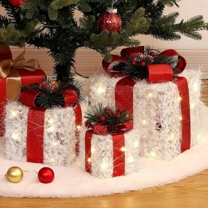 GAOMON Set of 3 Christmas Lighted Gift Boxes, Pre-Lit Gift Present Boxes with Ribbons and Bows, Xmas Ornaments - 1 of 4