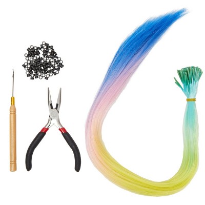 Glamlily 100 Pack Rainbow Hair Extensions with Micro Ring Beads & Tools, Hair Accessories for Teens Girls, 20 in