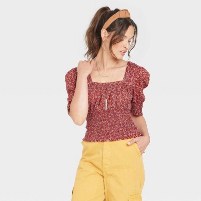 Women's Puff Elbow Sleeve Smocked Fitted Blouse - Universal Thread™