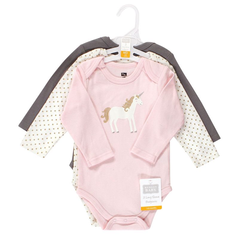 Hudson Baby Infant Girl Cotton Long-Sleeve Bodysuits, Gold Unicorn, 2 of 6