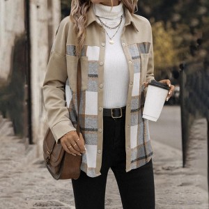 Coolmee Womens Flannel Jackets Mid Long Plaid Shacket Casual Snap Button Tartan Trench Coat Long Sleeve Shirts with Pockets S Khaki - 1 of 4