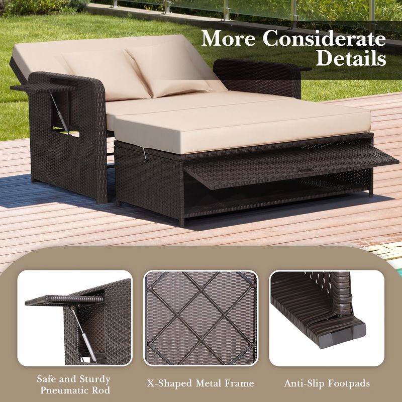 Costway Patio Rattan Daybed Lounge Retractable Top Canopy Side Tables Cushions, 3 of 11