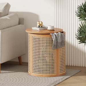 Lyngins Natural Wood Outdoor Side Table with Storage, 15.7” Round End Table, Hollow Woven Side Table, Indoor/Outdoor Small Table for Garden/Balcony - 1 of 4