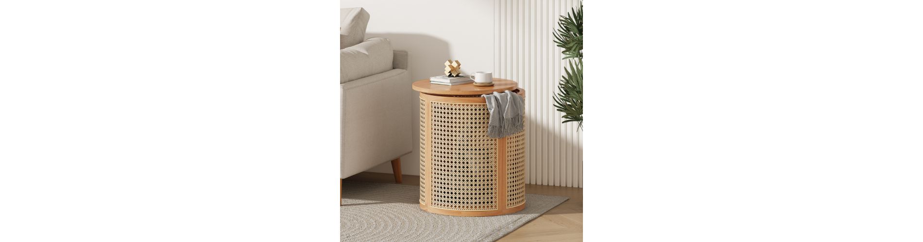 Lyngins Natural Wood Outdoor Side Table with Storage, 15.7” Round End Table, Hollow Woven Side Table/Nightstand, Indoor/Outdoor Small Table, Natural