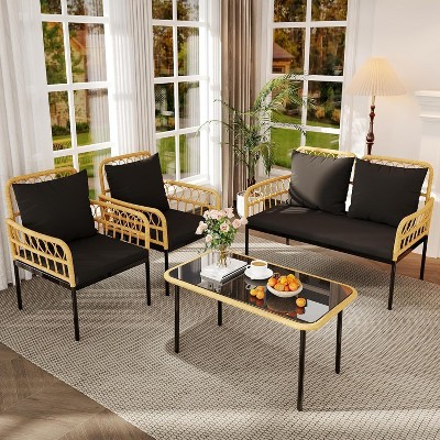 Patio Furniture Set 4, 3 Pcs All-Weather PE Rattan Lounge Chairs with Soft Cushions, and Table, for Balcony, Porch, Garden, and Poolside