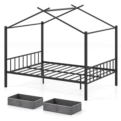 Safstar Full Size Metal House Bed with 2 Fabric Drawers Heavy-Duty Platform Bed Black