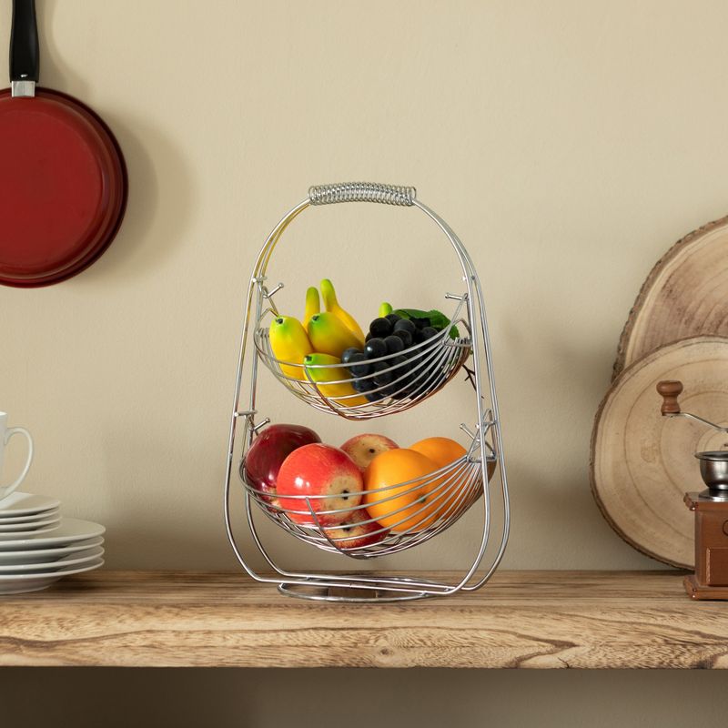 Basicwise 2 Tier Metal Fruit Holder Swing Basket for Kitchen | Detachable Countertop Vegetables Storage Organizer with Display Hammock Stand, 3 of 8