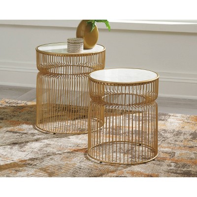 Transitional Gold & White Marble Round Side Table Set