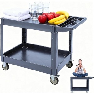 Plastic Service Cart, 2-Shelf 550 lbs Heavy Duty Utility Rolling Work Cart with 360° Swivel Wheels and Ergonomic Storage Handle - 1 of 4