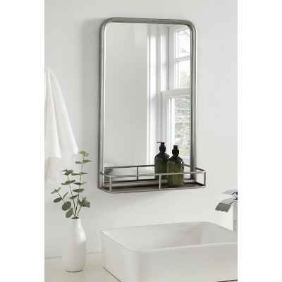 Silver Rectangular Metal Bathroom Mirror with Shelf