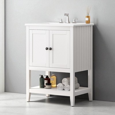 24-Inch Bathroom Vanity with Sink, Freestanding Cabinet with Open Shelf, Pine Wood Frame & Ceramic Basin, 8-Inch Faucet Mount