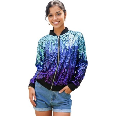 Anna-kaci Sequin Bright Zig Zag Ombre Sparkle Bomber Zip-up Jacket ...