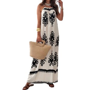 Women's Floral Print Halter Neck Dress Summer Sleeveless Maxi Sundress - 1 of 2