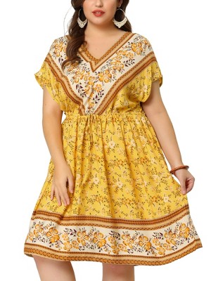Agnes Orinda Women's Plus Size Boho Floral V Neck Drop Shoulder Drawstring Waist A Line Dresses