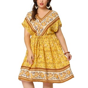Agnes Orinda Women's Plus Size Boho Floral V Neck Drop Shoulder Drawstring Waist A Line Dresses - 1 of 4