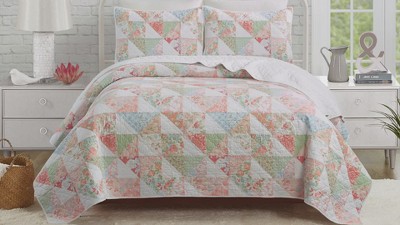 Coventry White Cotton Twin Quilt Set with Floral Patchwork