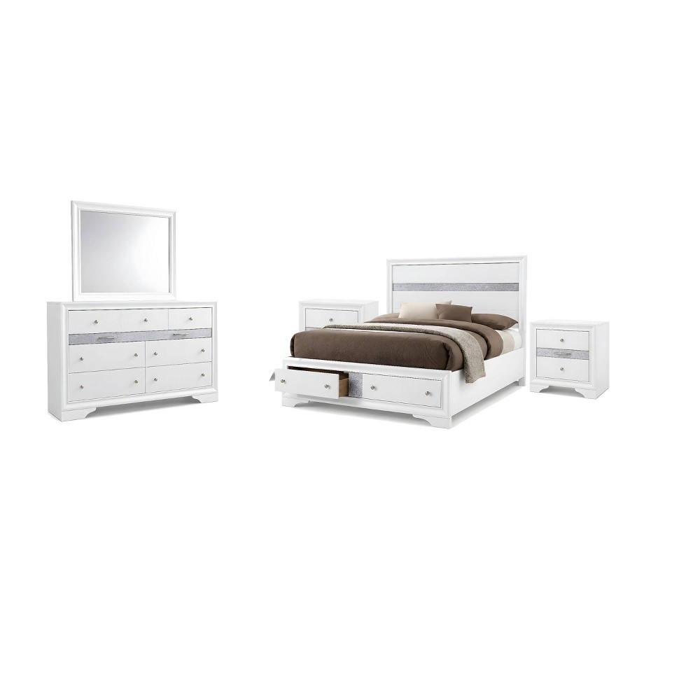 Benzara Cevy 5pc Queen Bedroom Set 2 Nightstands Silver Accents White Wood