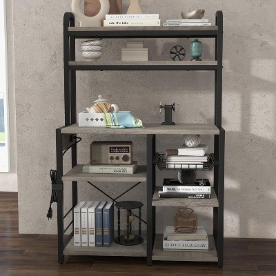 Bakers Rack with Power Outlet, Coffee Bar with Wire Drawer, Industrial Microwave Stand,6-Tier Kitchen Storage Rack with Hutch