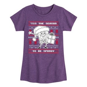Girls' - SpongeBob SquarePants - Spongebob Xmas Sweater Fitted Short Sleeve Graphic T-Shirt - 1 of 4