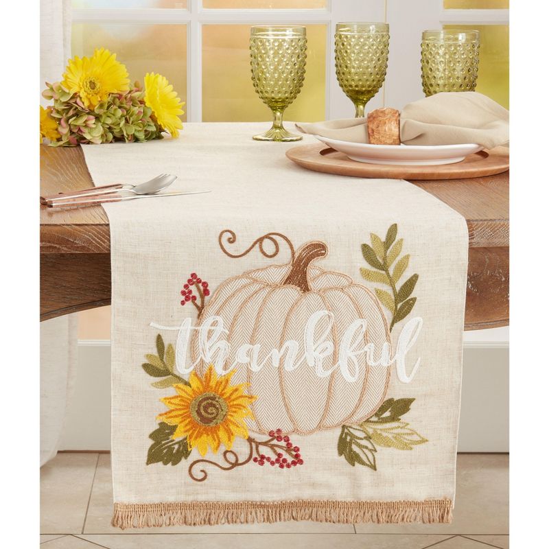 Saro Lifestyle Dining Table Runner With Thankful Pumpkin Design, Beige, 16" x 70", 3 of 4