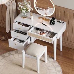 Vanity Desk Boho with Charging Station and Rattan Drawer for Bedroom 39in Wide-3irtyhousy - 1 of 4